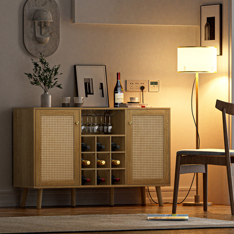 47.2" W Rattan Bar Cabinet with 9-grid Wine Rack, Wine Cabinet with Glass Holder for Dining Room and Living Room