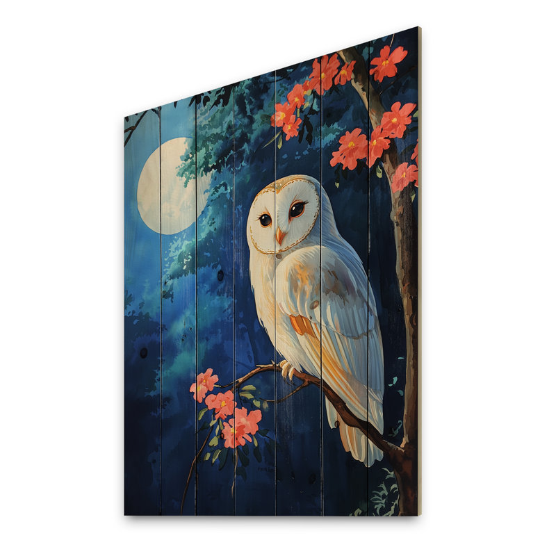Floral Owl In The Moonlight I - Owl Animal Wood Wall Art - On Natural Pine Wood, 44" H x 34" W x 0.78" D