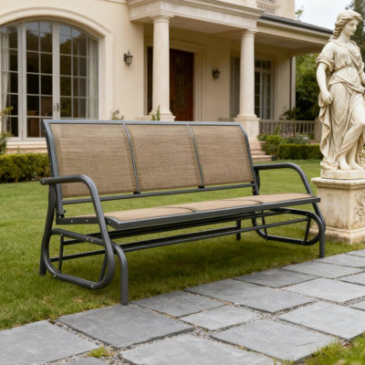 Patio Glider Bench For 3 People, Gray Mesh, Metal Frame, 660 Lbs Load, 57.9" Long - Person With Mesh Seat And , Quiet Rocking, 15.7" Height,