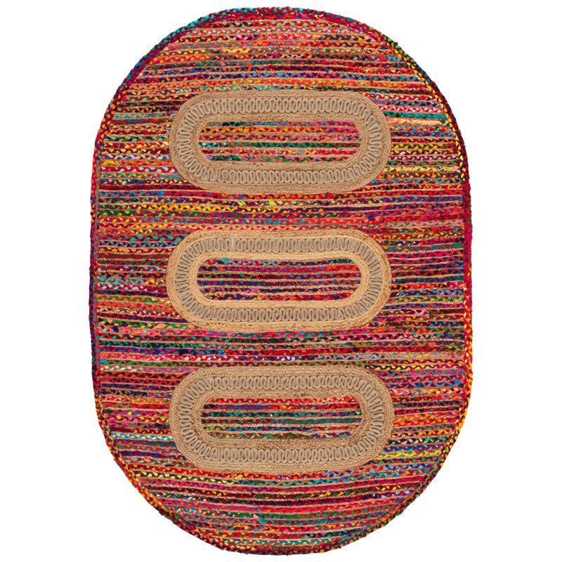 Braided Hand Woven Cotton/Jute Southwestern Rug in Red, Oval 5' x 7'