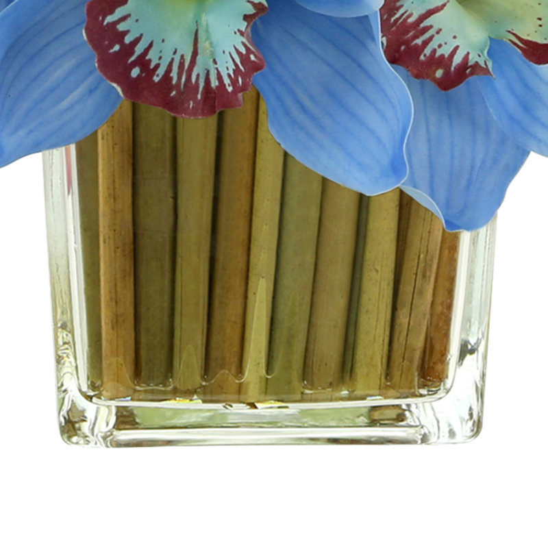 Orchids Arranged in Bamboo-Filled Glass Vase, Blue