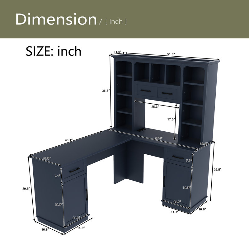 Bureau d'ordinateur en L avec 2 armoires et 2 tiroirs, 11 tablettes ouvertes, avec prise de courant, Bleu antique