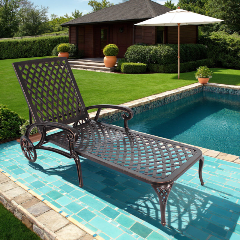 Adjustable Cast Aluminum Patio Chaise Lounge with Wheels and Reclining Backrest, Brown