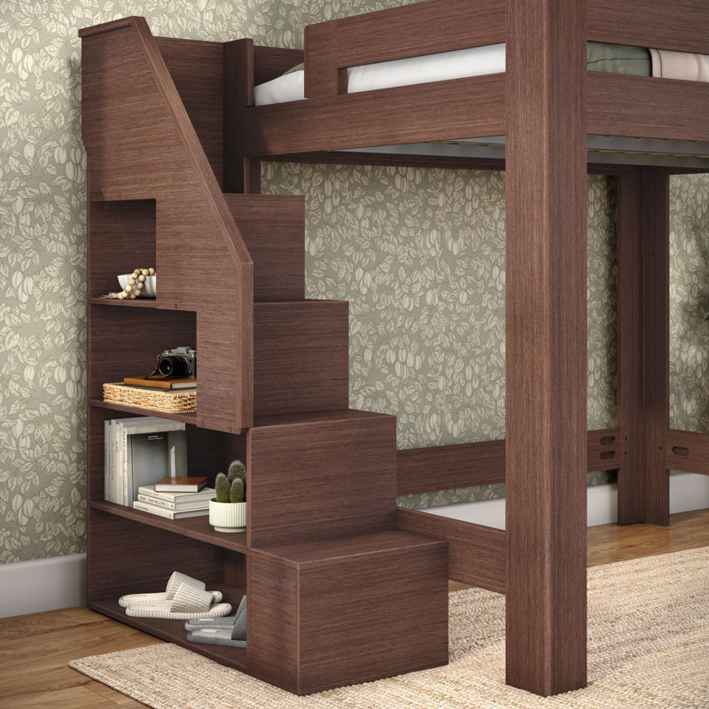 Olympic Queen Loft Bed with Stairs, Embossed Brown