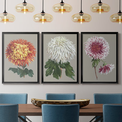 Chrysanthème sur fond gris I - Toile tendue avec châssis sur mesure - 3 pièces
