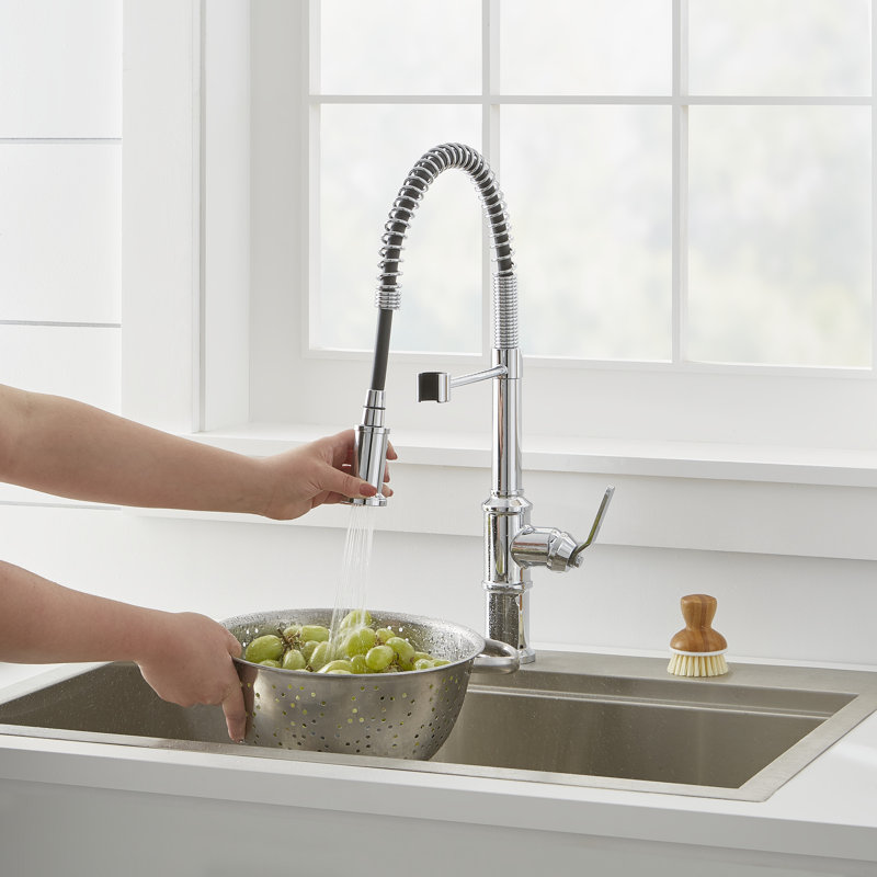 Kinzie Pre-Rinse Single Handle Spring Spout Kitchen Faucet, Chrome