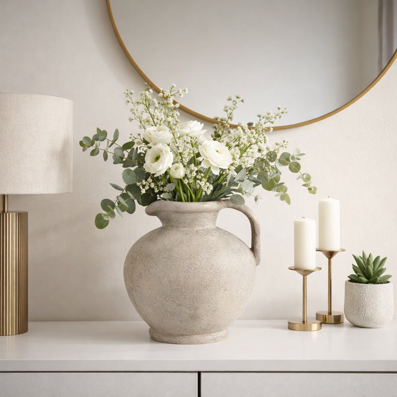 Vase rond en terre cuite avec poignée pour décoration intérieure - Vase à fleurs de style rétro pour décoration d'étagère ou de table d'appoint - 15 po, ivoire
