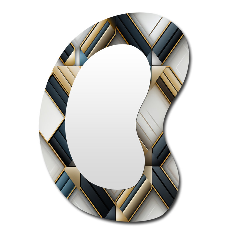 Errik Grey And Gold Marble Mosaic Dimensions - Geometric Asymmetrical Mirror, Black Unique Shape Decorative Wall Mirror, Printed Metal Art