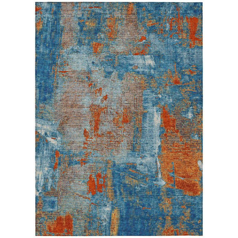 Tapis extérieur lavable abstrait bleu marine et ivoire 9 pi x 12 pi