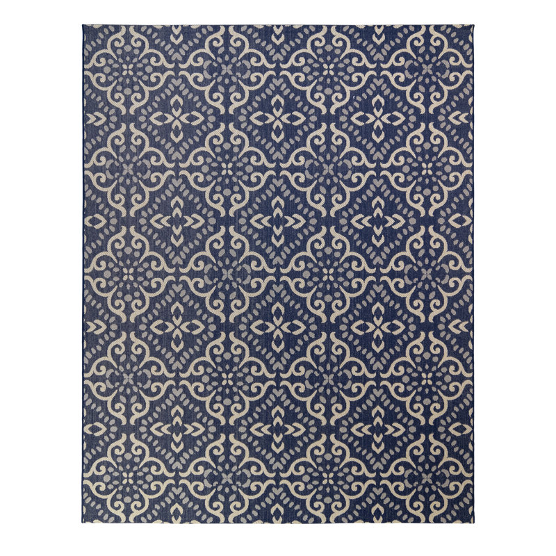 Tapis intérieur / extérieur en polypropylène tissé à plat et à carreaux crème bleu marine beige Solterra