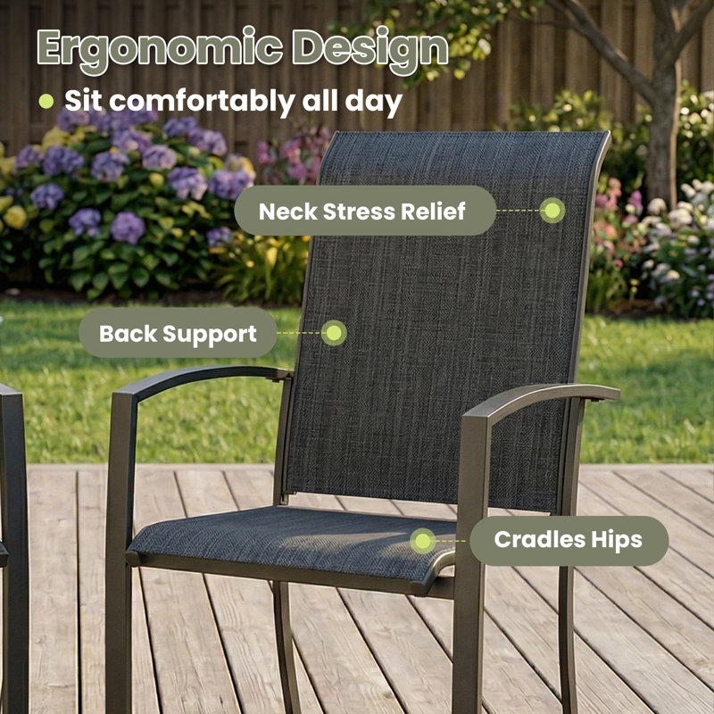 Ensemble de salle à manger rectangulaire pour 6 personnes avec chaises empilables Textilene, Brush Wood Brown/Black