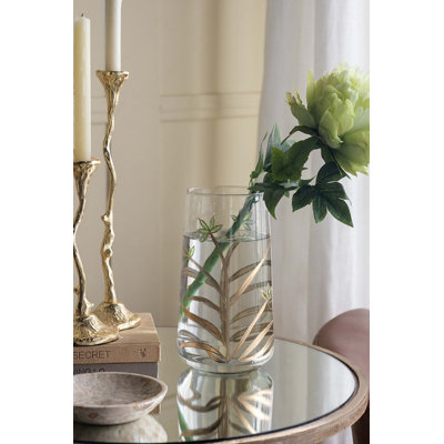 D5,5 x 9,8 po Vase décoratif en verre transparent avec motif botanique vert et or