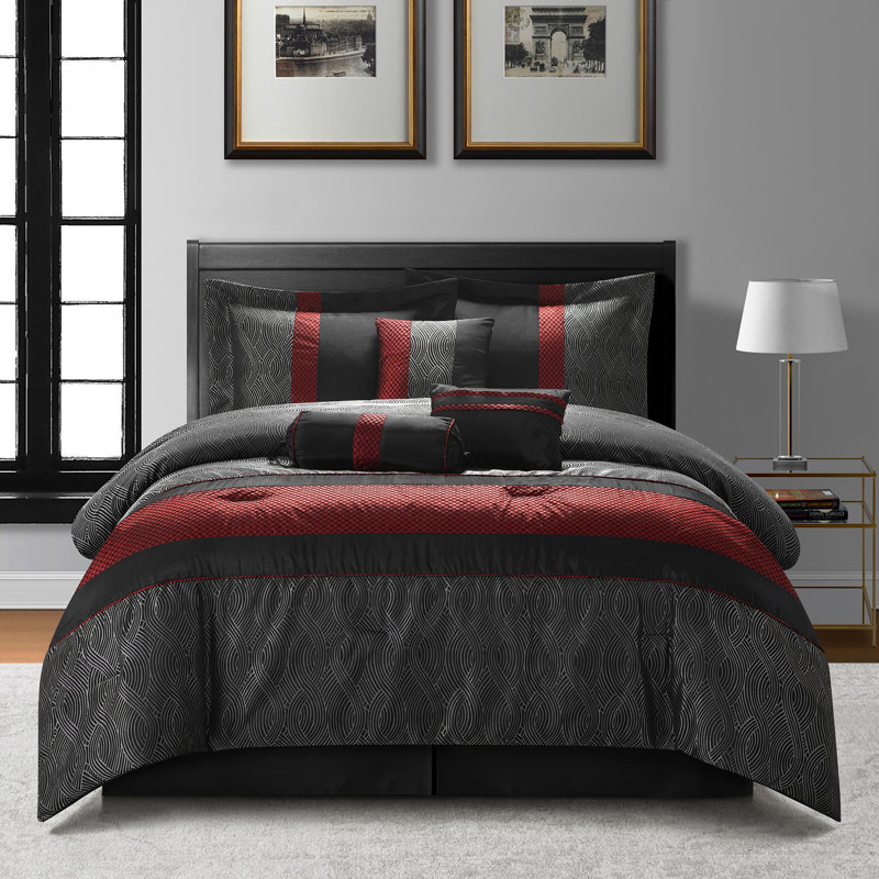 Taifa Modern & Contemporary Comforter Set, Cal. King Comforter + 6 Additional Pieces, Black/Red