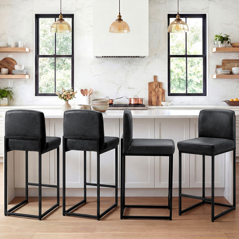 Set of 4 Modern PU Leather Bar Stools with Backrest, Comfortable Counter Stool for Kitchen & Home, Black
