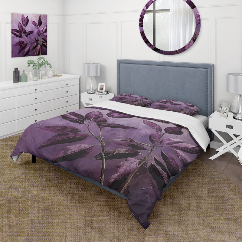 Ensemble de housse de couette mauve à feuilles mauves, Housse de couette simple et deux taies décorative