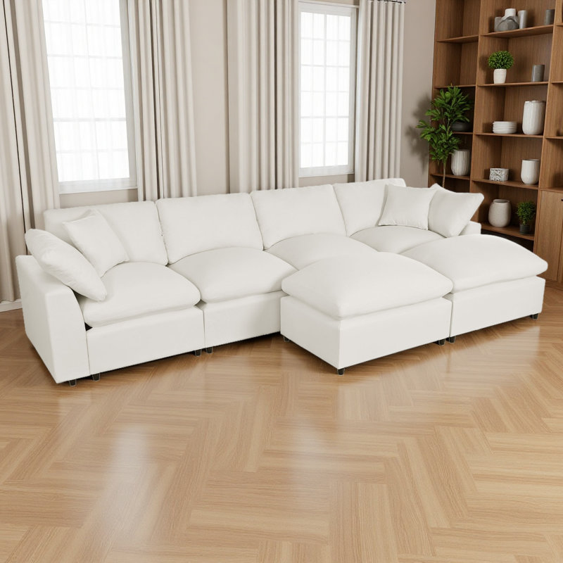 Grand canapé modulaire moderne en forme de U, 2 grandes chaises avec repose-pieds amovibles pour le salon, Polyester beige