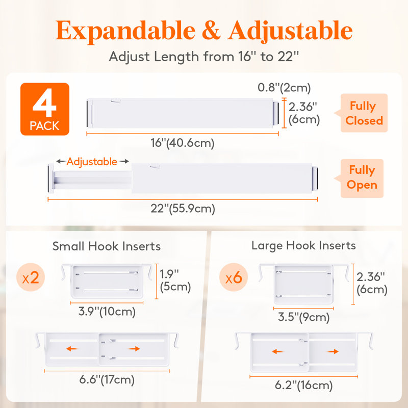 4 Pack Drawer Dividers 2.36" High, 16"-22" Adjustable Drawer Organizer With 8 Inserts For Utensils/clothes/makeup, Plastic Expandable Separators In Kitchen/dresser/bedroom/bathroom/office