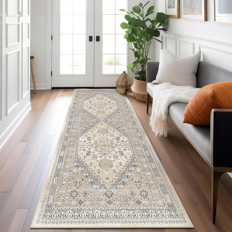 Medallion Non Slip Washable Rug(Beige), Runner 2' x 6'