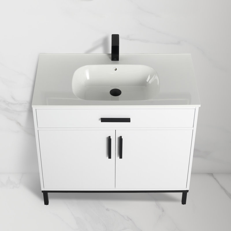 Meuble-lavabo sur pied 36 po avec lavabo - Armoire en bois massif avec lavabo en céramique, portes à fermeture en douceur et rangement réglable pour les petites salles de bain