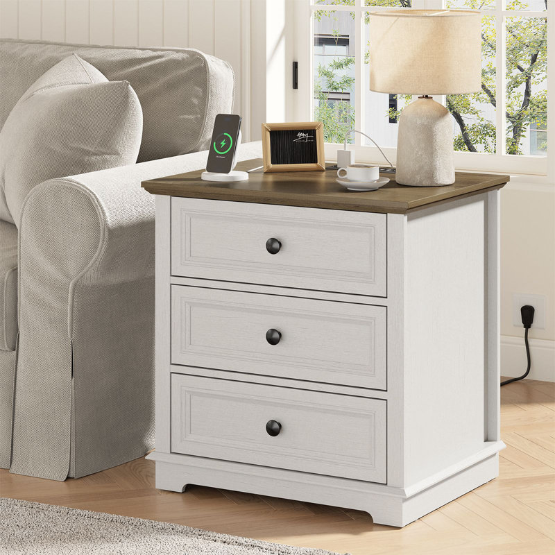 Beattie 3-Drawer End Tables with Storage and Built-in Outlets,Side Table, White/Walnut