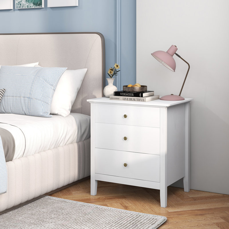 Abdülsamet Modern Wooden Nightstand with 3 Drawers, White