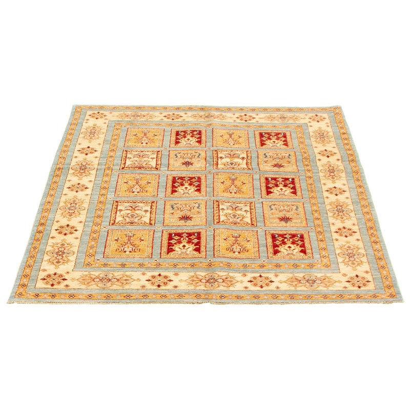 Tapis décoratif bleu/crème/brun en laine de conception unique 5 pi 2 po x 6 pi 5 po noué à la main New Age