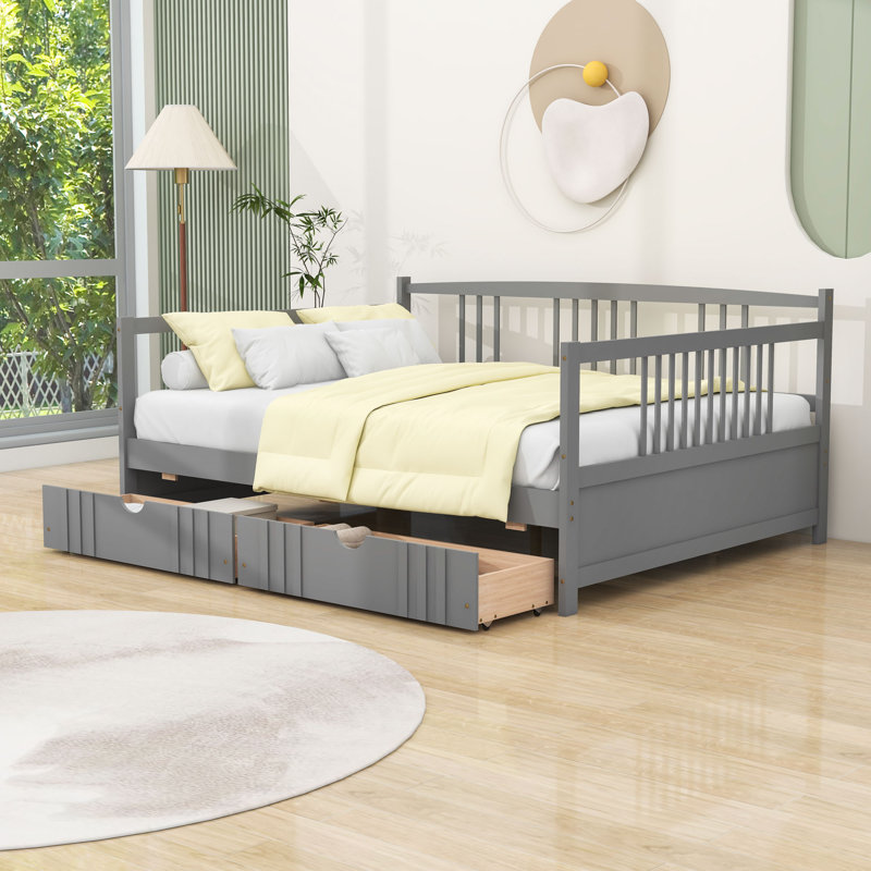 Full Size Wood Daybed with Dual Drawers and Slats, Gray
