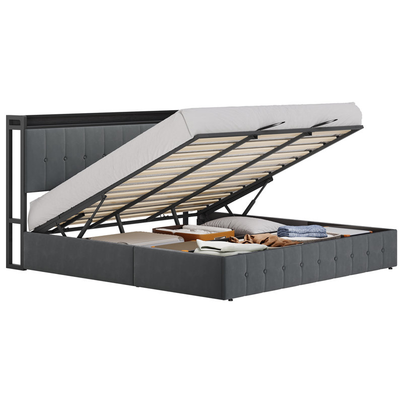 Structure de très grand lit avec rangement relevable, lit tapissier en velours avec tête de lit, lit plateforme en métal, support hydraulique, aucun sommier tapissier requis, gris