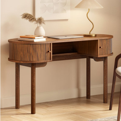 Bureau en bois de 130 cm avec plateau préassemblé, coiffeuse avec rangement et portes coulissantes - Table de travail et d'ordinateur étroite pour bureau à domicile, coiffeuse marron pour chambre (noyer)