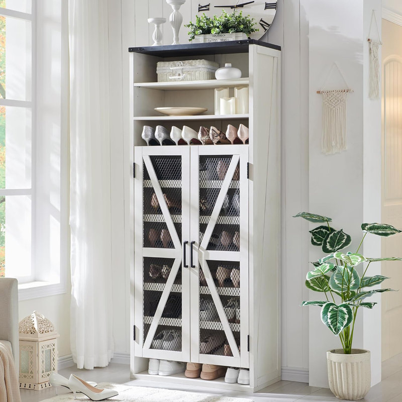10-Tier 40 Pair Shoe Storage Cabinet with Adjustable Shelves & Open Cubbys, Farmhouse Wood Tall Entryway Shoe Cabinet with 2 Doors