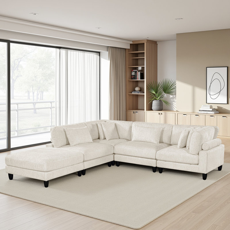Loowit 120" Modern & Contemporary 5-Piece Modular Sectional Sofa with Ottoman - Microfiber Sectional with Customizable Modular Design, Versatile Ottoman Included, Reversible & Removable Cushions, Plush Microfiber Fabric, Comfortable Foam & Pocket Coils