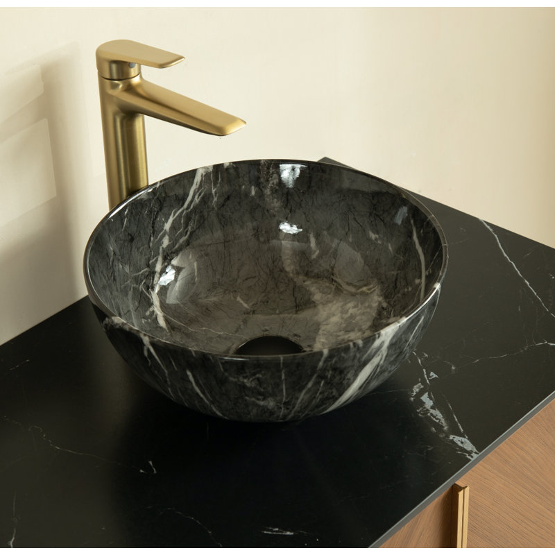 14'' Bathroom Bowl Ceramic Sink With Stone Pattern, No Faucet, Black