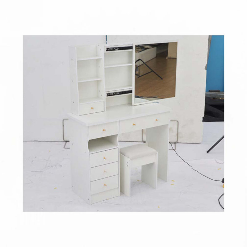 37" Middle Size Left Drawer Desktop Vanity Table + Cushioned Stool, Extra Large Right sliding mirror, Multi Layer High Capacity Storage, Practical Fashionable Dresser, Suitable For Large Space