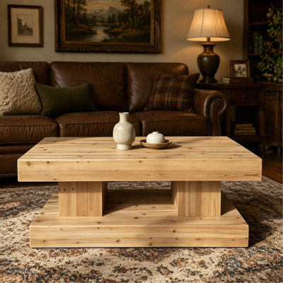 La table basse de 47,24 po en bois massif naturel rehausse votre salon avec du bois naturel de première qualité au grain visible et des nœuds pour une sensation chaleureuse et organique.