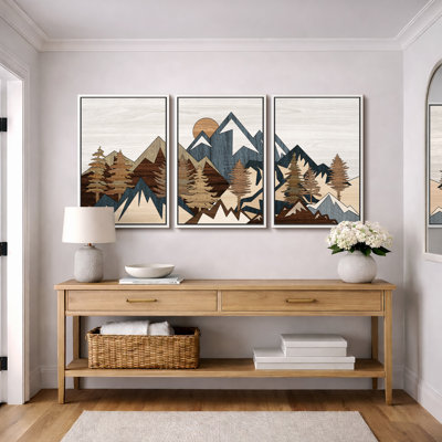 Western Wood Effect Landscape "Brown Country Forest Mountain Artwork, Rustic Cabin Farmhouse Decor Wall Pictures, 3 Pieces Framed Canvas Giclee Print Wall Art" 16"x24"x3 pcs, 24"x36"x3 pcs