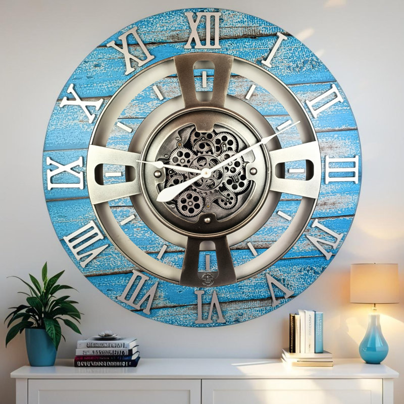 Wall Clock 36" Oversized for Living Room decor with Real Moving Gears England Collection, Ocean Blue