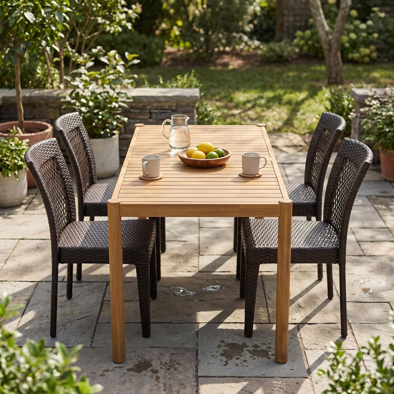 Ensemble complet de salle à manger d'extérieur 5 pièces avec table en acacia durable et chaises en rotin PE respirant