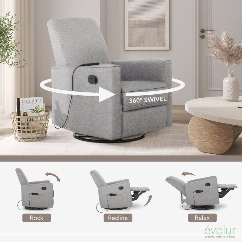 Evolur Raleigh Glider With Back Massager |Recliner| Rocker, Light Gray