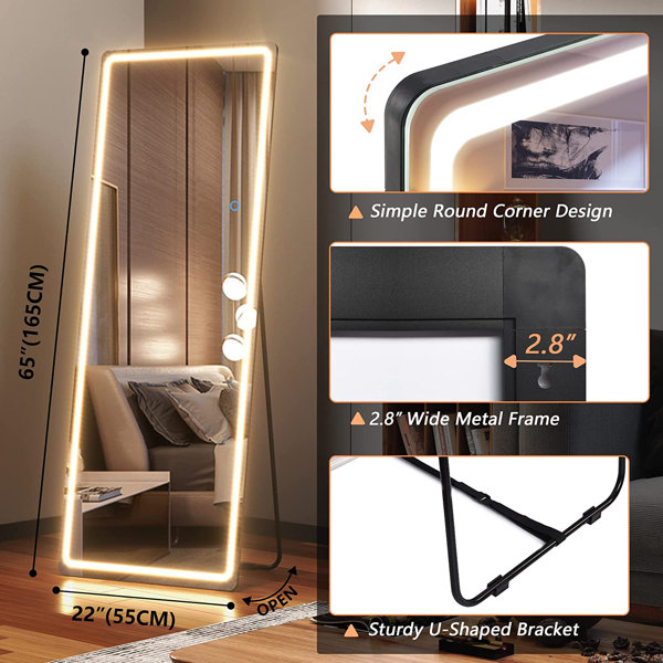 LED Vanity Mirror, Full Length Mirror with 22 Dimmable Light Bulbs Modern  Floor Mirror Hanging or Leaning, Touch Control Wall Mounted Whole Body  Dressing Mirror with 3 Modes for Bedroom, Black 
