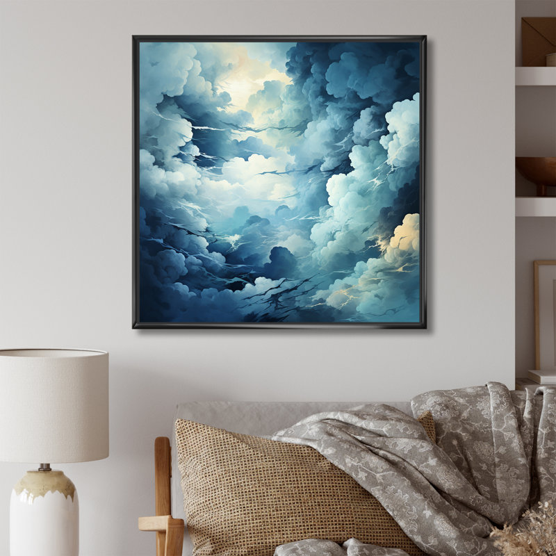 Tempête de nuages bleus et blancs sur toile, Cadre flottant noir, H 36 po x l 36 po x P 1,5 po