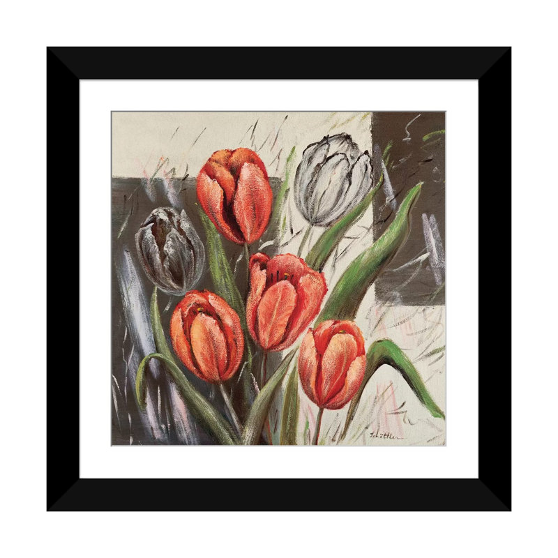 « orange tulipes », impression sur toile, H 16 po x l 16 po x P 1 po, Papier d'art encadré noir, Blanc