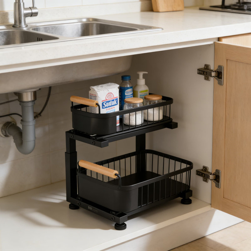Organisateur robuste sous l'évier, organisateur d'armoire coulissant à 2 niveaux avec hauteur réglable et paniers coulissants à roulement à billes pour le rangement de la cuisine et de la salle de bain