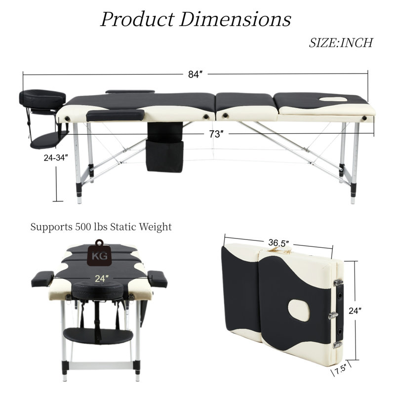 Structure de table de massage en aluminium pliable 3 fois avec hauteur réglable + masseur pour le cou, Crème