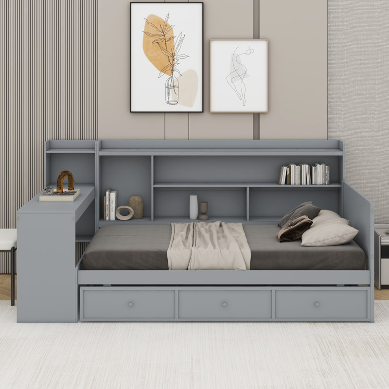 Lit de jour simple en bois avec tiroirs et bureau, Gris