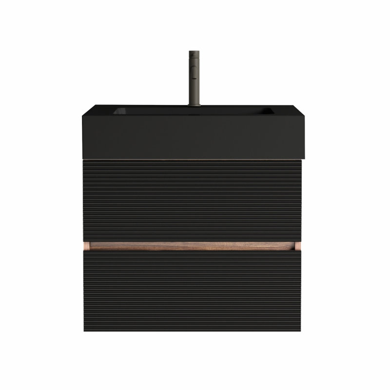 Meuble-lavabo mural de 24 po avec lavabo en quartz noir mat, tiroirs souples, poignée dissimulée pour personnes âgées, panneaux de qualité E1 épissure couleur noyer, double fermeture silencieuse, finition E0, 330 lb