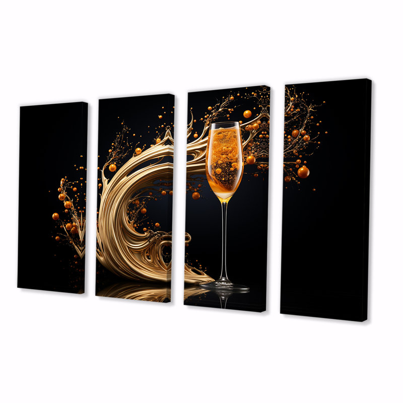 Champagne Spiral Glass Gold Splash - Champagne, art mural 4 pièces pour le salon, H 28 po x l 48 po
