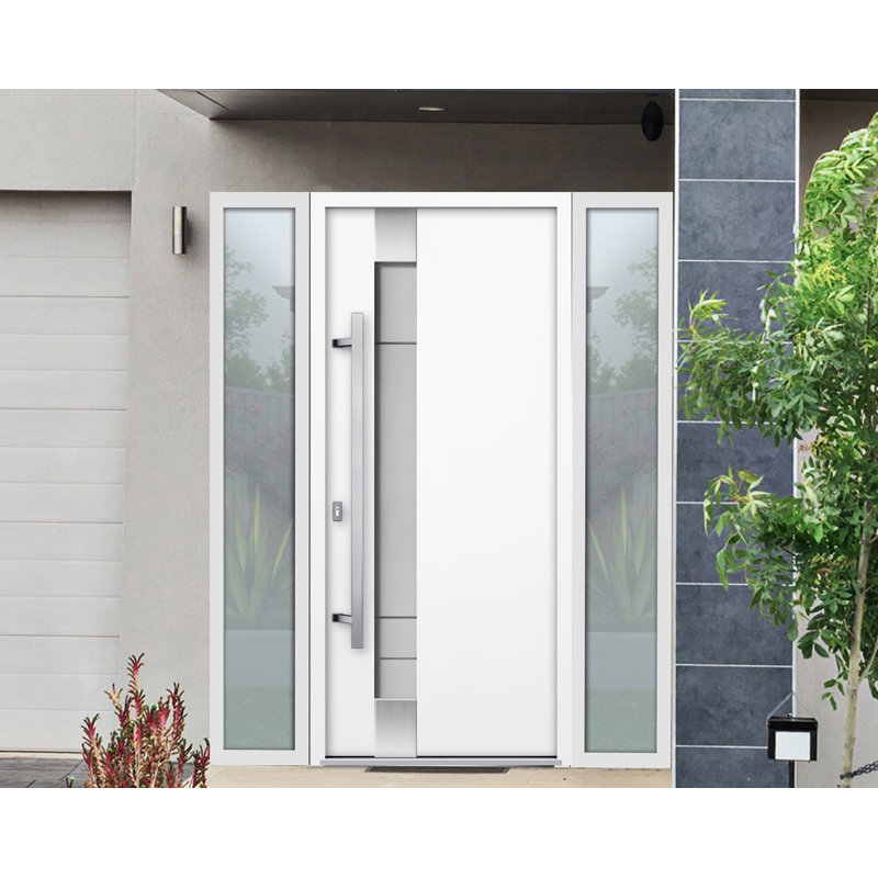 Porte avant en acier pré-suspendue à l'avant / deux en émail blanc 1713/2 fenêtres extérieures latérales noires / inserts en acier inoxydable simples peints de style moderne - l 16 + 36 + 16 po x H 80 po - À droite