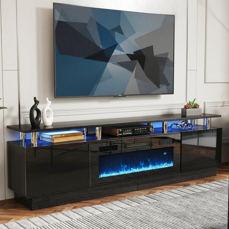 90" Gloss Black TV Stand With 50" Electric Fireplace For TVs Up To 100", Large Media Console with LED Light Strip, Black