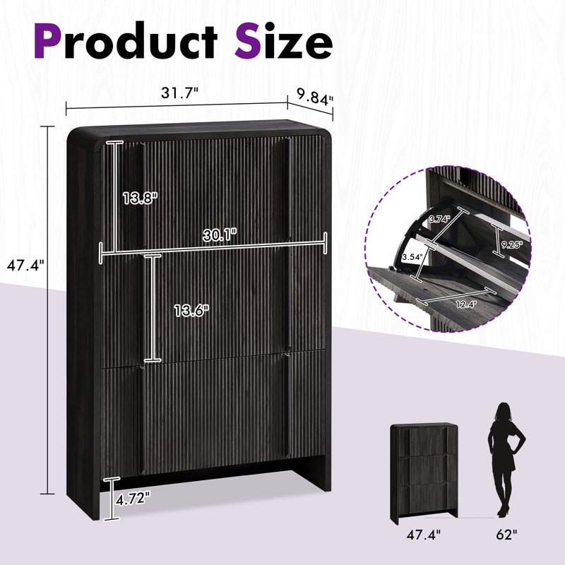 Dulane 24 Pair Shoe Storage Cabinet With 3 Flip Drawers, Black, Black