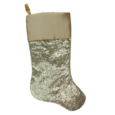 Bas de Noël à paillettes métalliques dorées 22 po avec manchette satinée